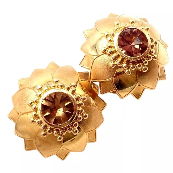 Rare! Vintage Paula Crevoshay 18k Gold Brown Zircon Round Flower Earrings OOAK - Picture 1 of 11